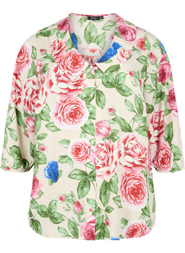 Blommig skjorta med 3/4-ärmar, Bright Flower, Packshot image number 0