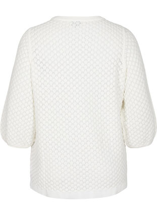 Stickad tröja i ekologisk bomull med mönster och 3/4-ärmar, Cloud Dancer, Packshot image number 1