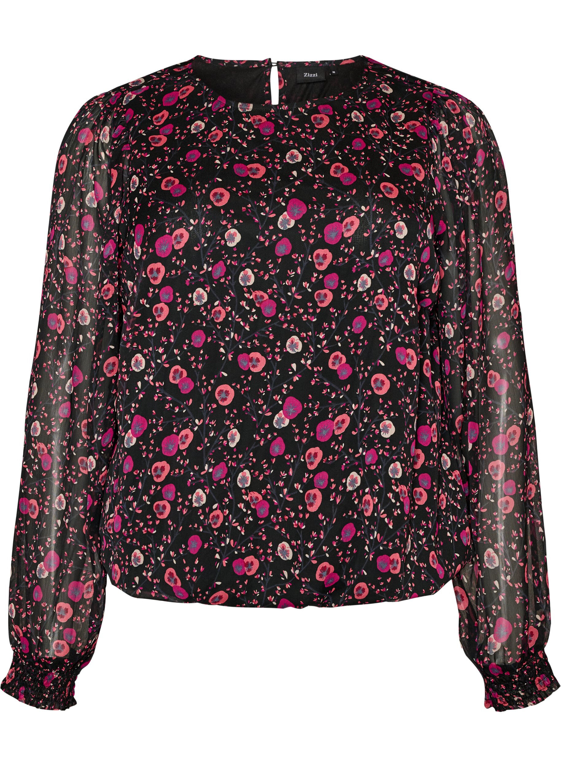 ZizziBlommig blus i chiffong med genomskinliga &auml;rmar, Svart, Packshot image number 0