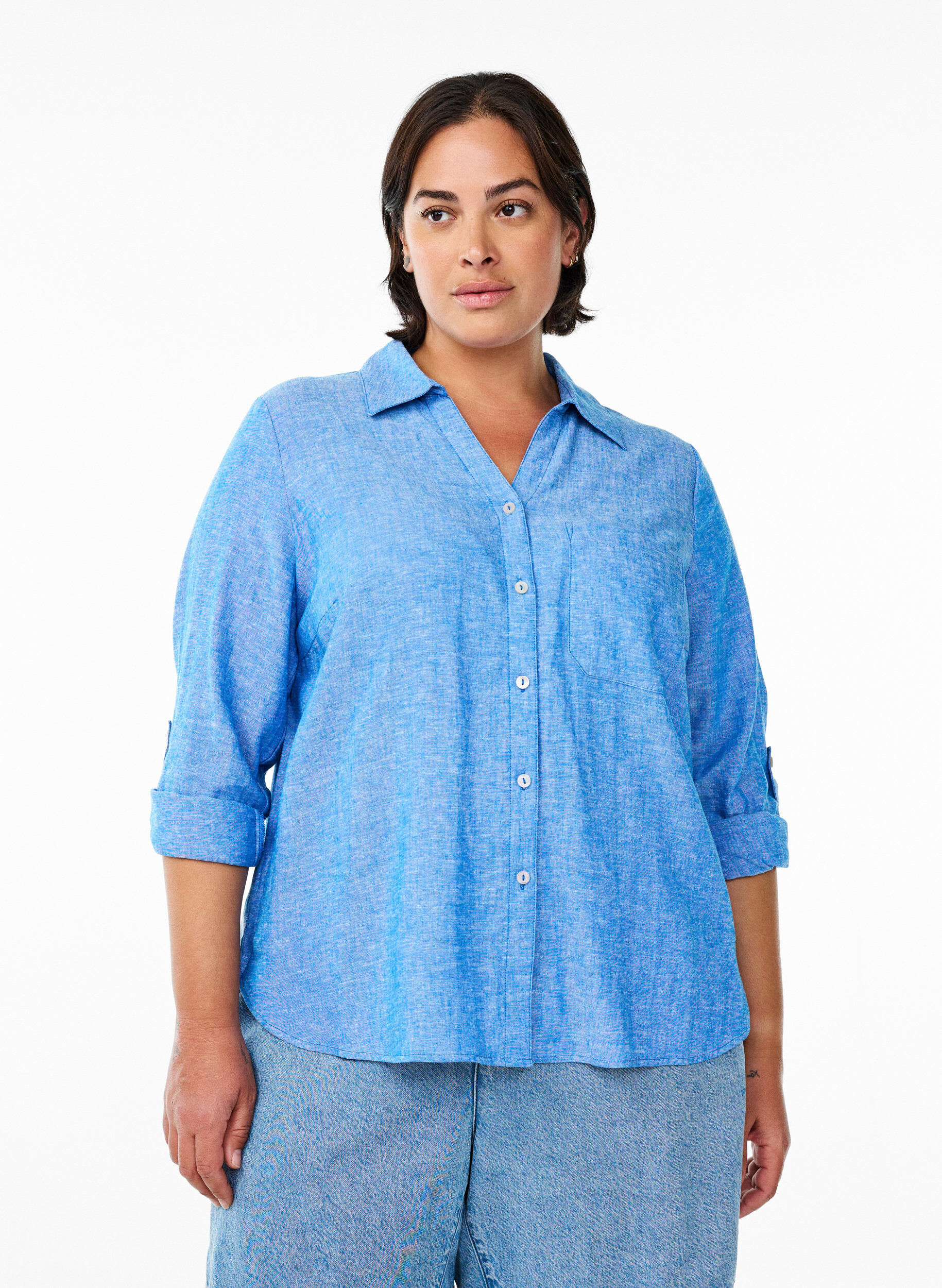 ZizziSkjorta i linne och viskos med 3/4-&auml;rmar, Bl&aring;, Model image number 0