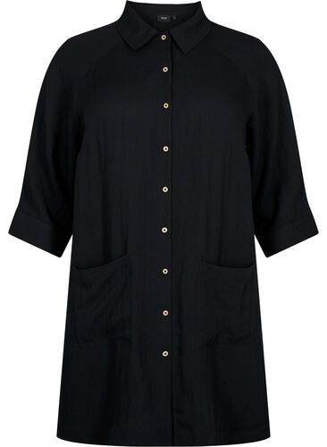 Lång viskosskjorta med fickor och 3/4-ärmar, Black, Packshot image number 0