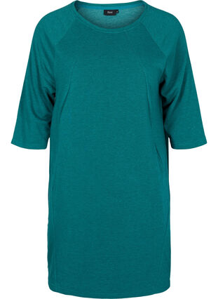 Kampanjvara – Sweatshirtklänning i bomull med fickor och 3/4-ärmar, Teal Green Melange, Packshot image number 0