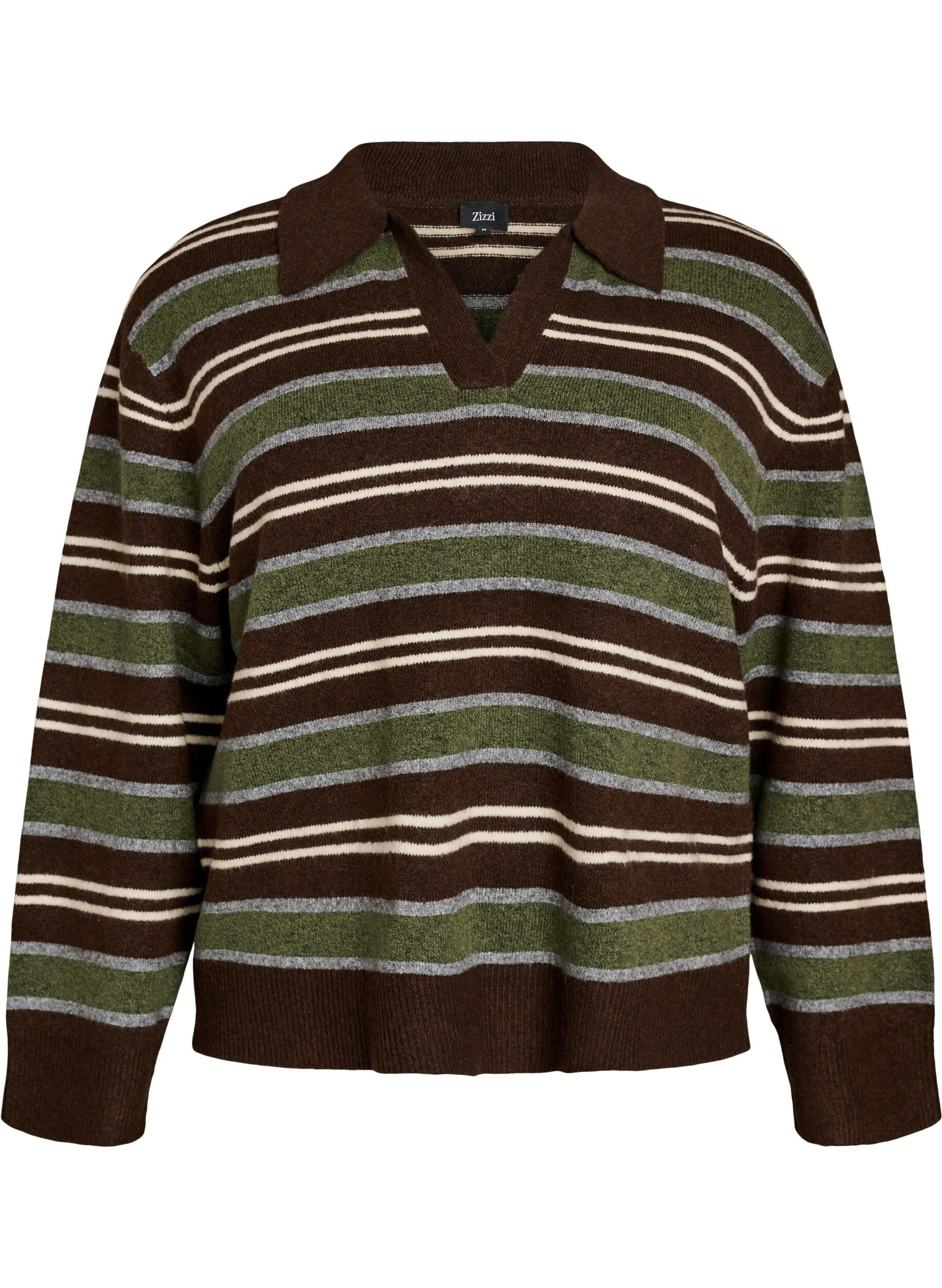 ZizziStickad blus med r&auml;nder och polokrage, Brun, Packshot image number 0