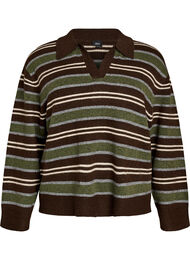 Stickad blus med r&auml;nder och polokrage, Brun
