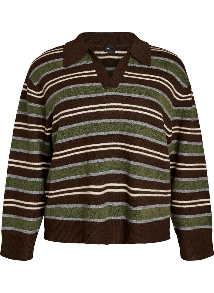 Stickad blus med r&auml;nder och polokrage, Brun, Packshot image number 0