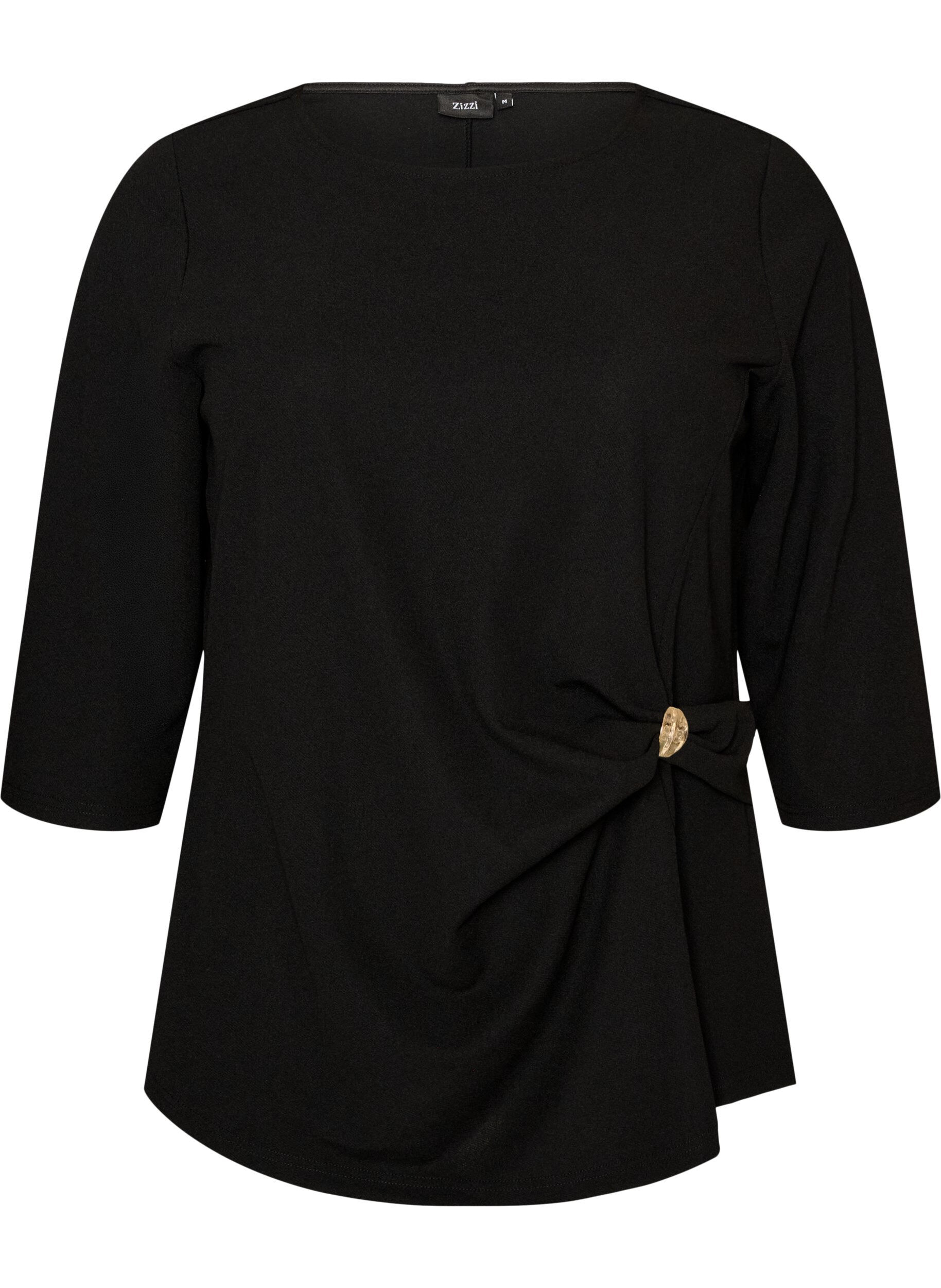 ZizziBlus med asymmetrisk drapering och 3/4-&auml;rmar, Svart, Packshot image number 0