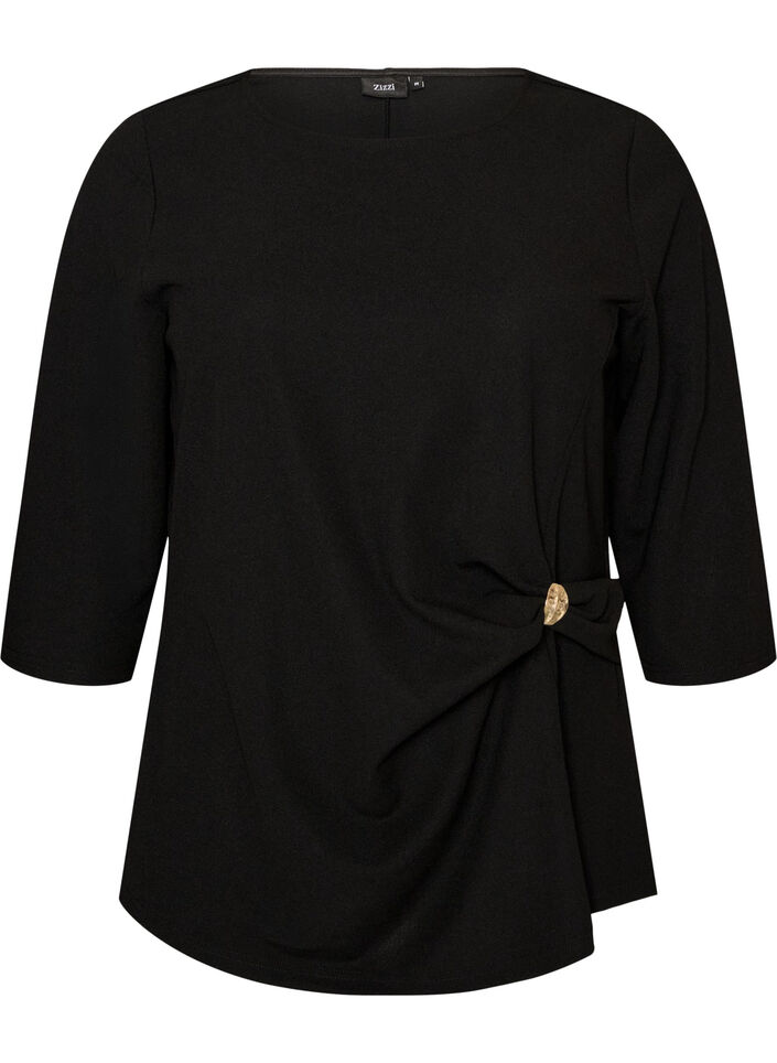 Blus med asymmetrisk drapering och 3/4-&auml;rmar, Svart, Packshot image number 0