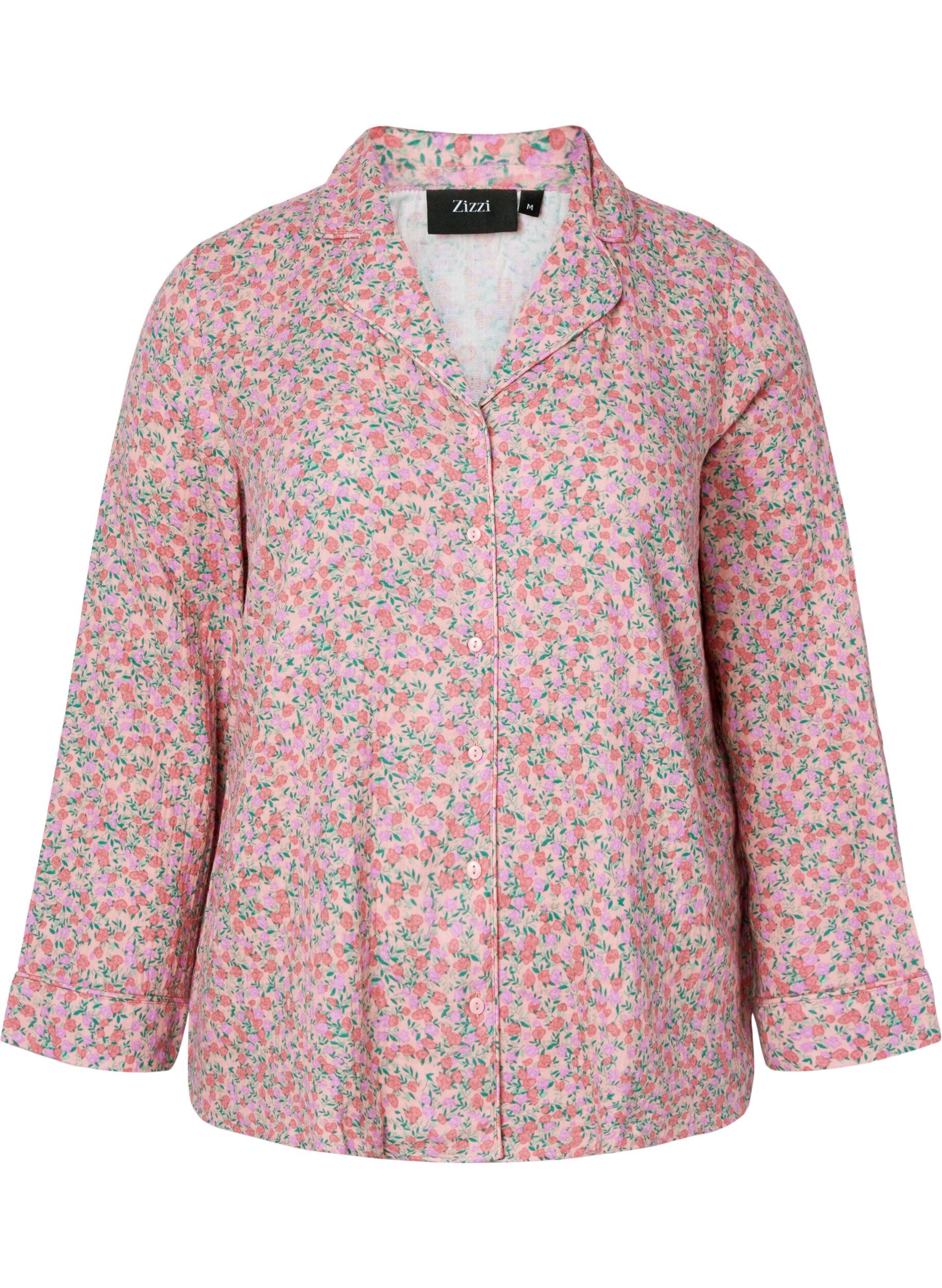 Zizzi Pyjamasskjorta i bomull med blomm&ouml;nster, Powder Pink, Packshot image number 0