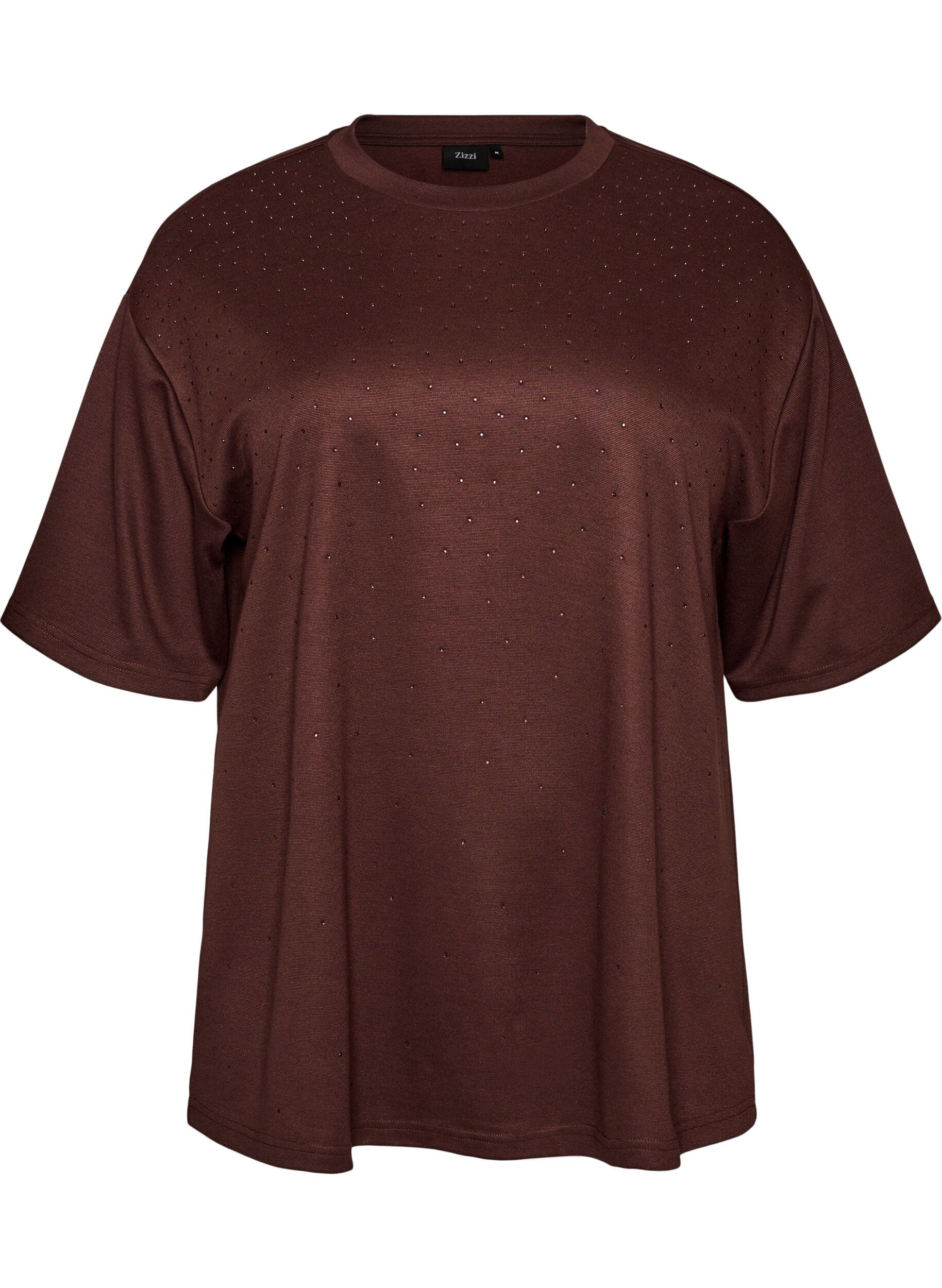 ZizziT-shirt med strassstenar och rund hals, Brun, Packshot image number 0