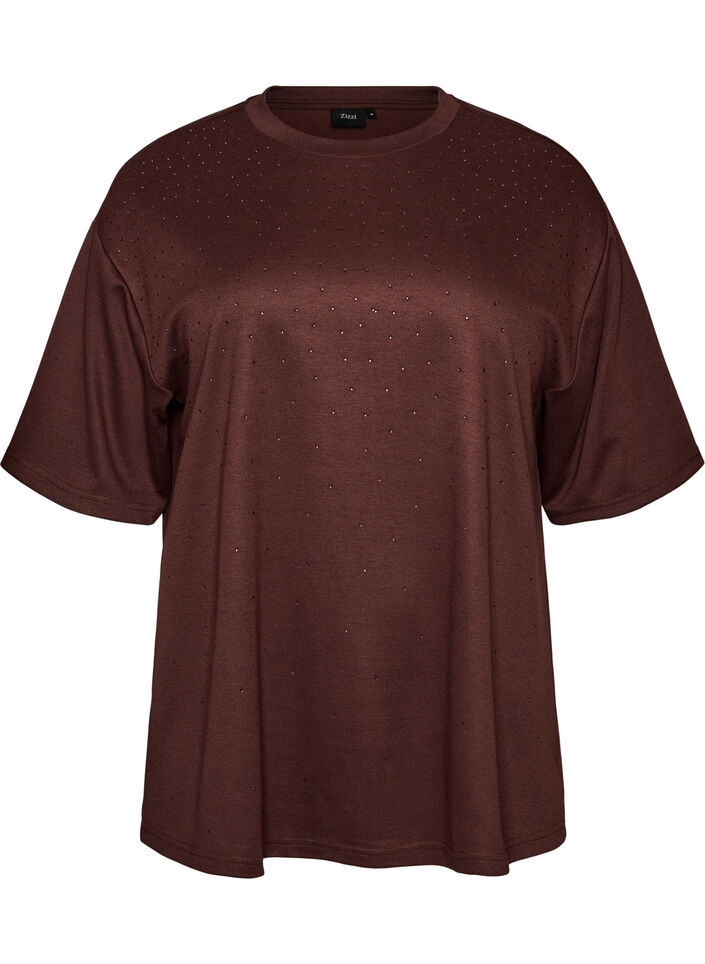 T-shirt med strassstenar och rund hals, Brun, Packshot image number 0