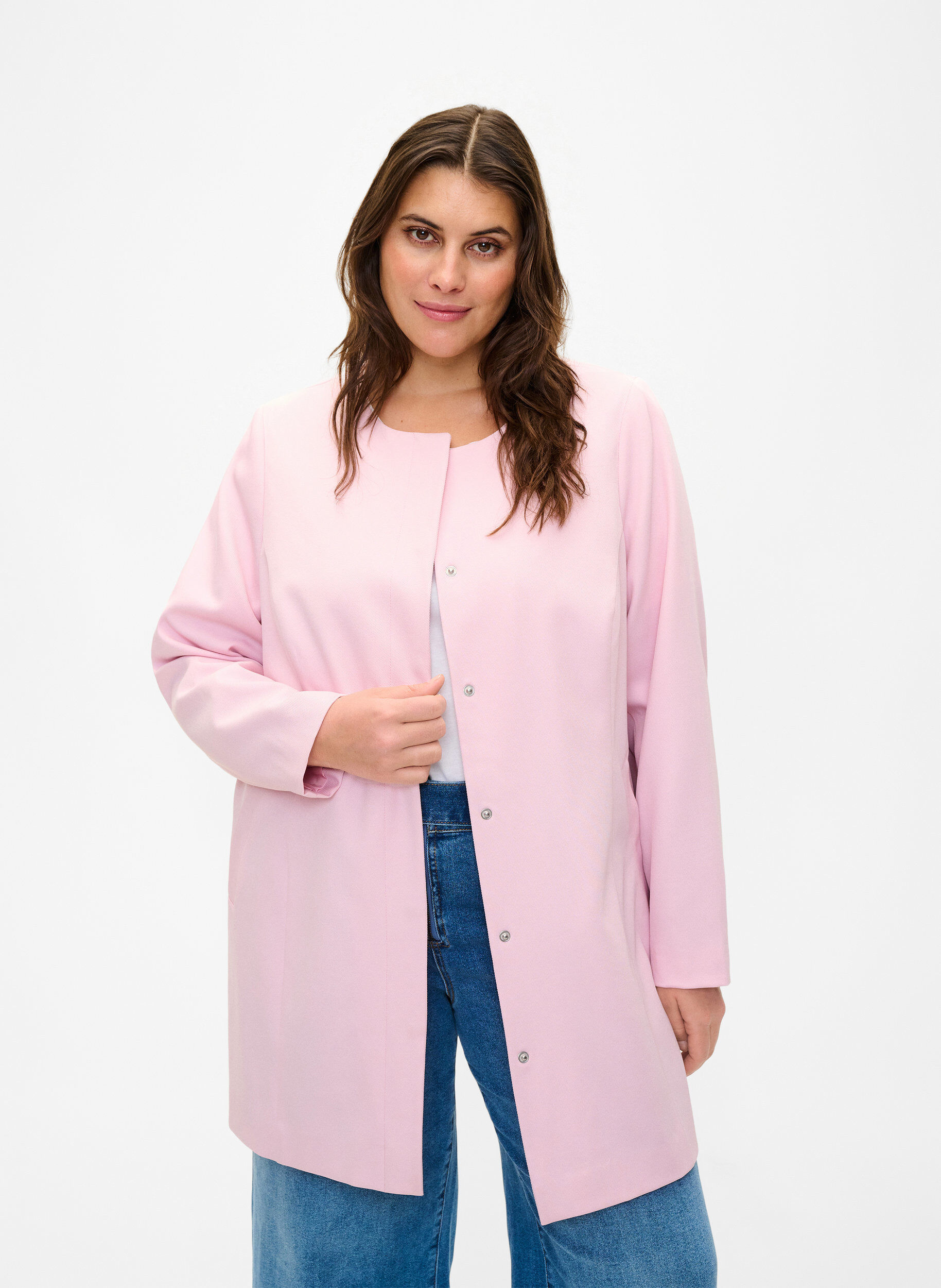 Zizzi V&aring;rjacka med dold knappsl&aring;, Parfait Pink, Model image number 0