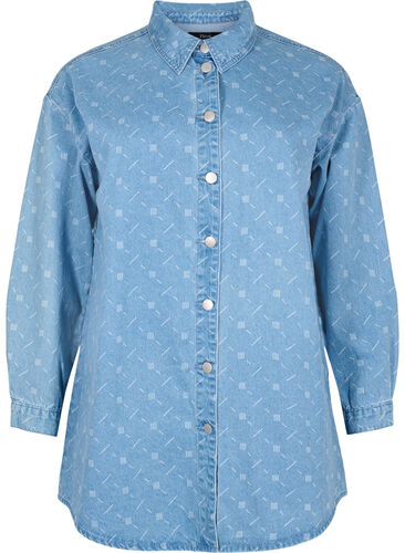 Jeansskjorta med tryck, Light blue denim, Packshot image number 0