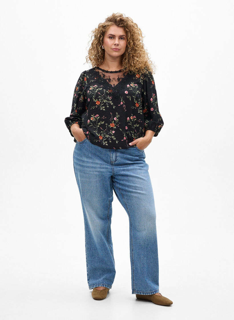 Blus med 3/4-&auml;rm och spetsdetaljer, Svart, Model image number 1