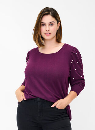 Blus med långa ärmar och dekorativa pärlor, Purple Melange, Model image number 0