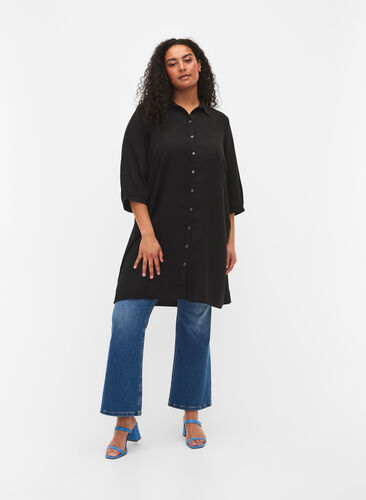 Lång skjorta i 100% lyocell (TENCEL™) med 3/4-ärmar, Black, Model image number 2