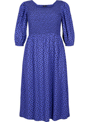 Prickig viskosklänning med smock, R.Blue w. Black Dot, Packshot image number 0