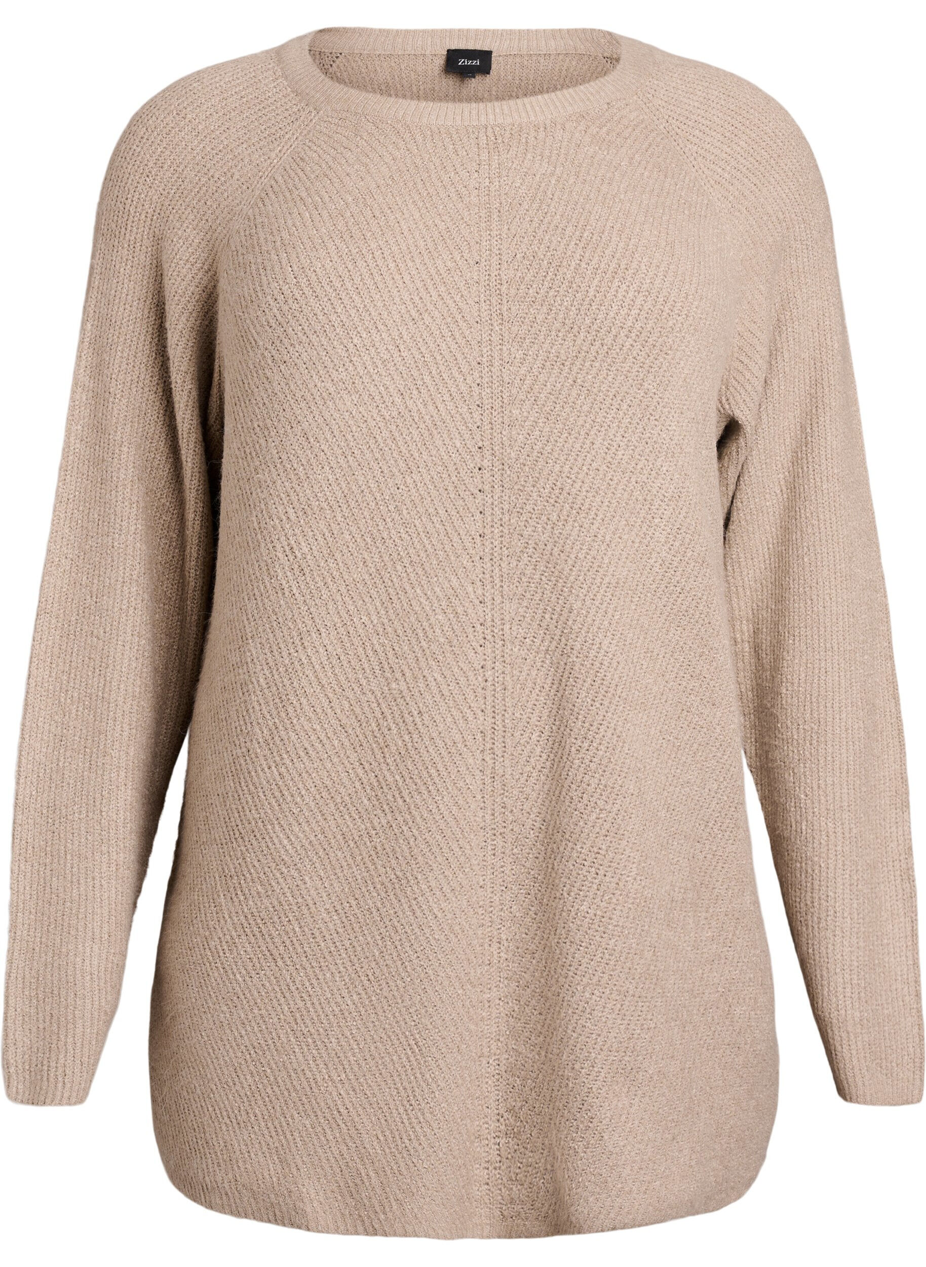 ZizziStickad tr&ouml;ja med diagonalt m&ouml;nster och raglan&auml;rm, Beige, Packshot image number 0