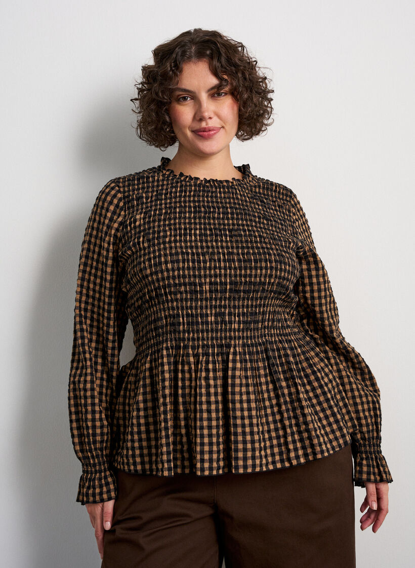 Rutig blus med smock och peplum, Brun, Model image number 0