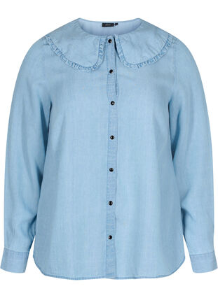 Skjorta med stor krage och volanger, Light blue denim, Packshot image number 0