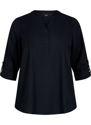 Skjortblus i bomull med v-ringning, Black, Packshot image number 0