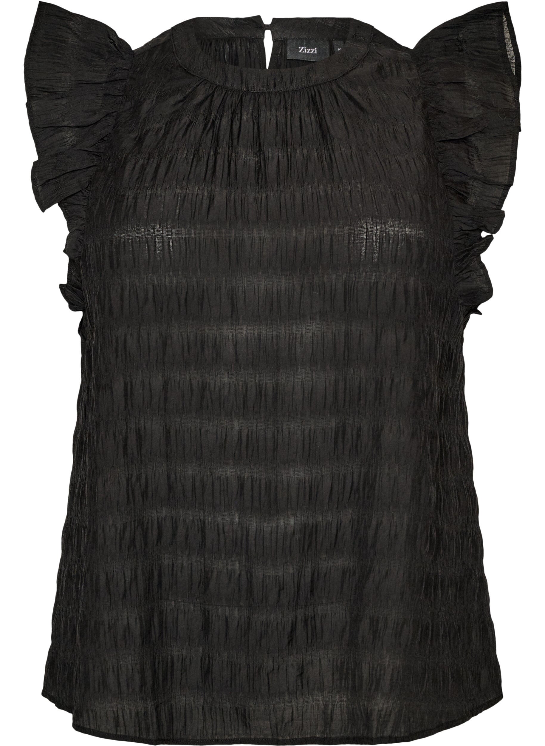 Zizzi&Auml;rml&ouml;s blus med struktur och volanger, Svart, Packshot image number 0