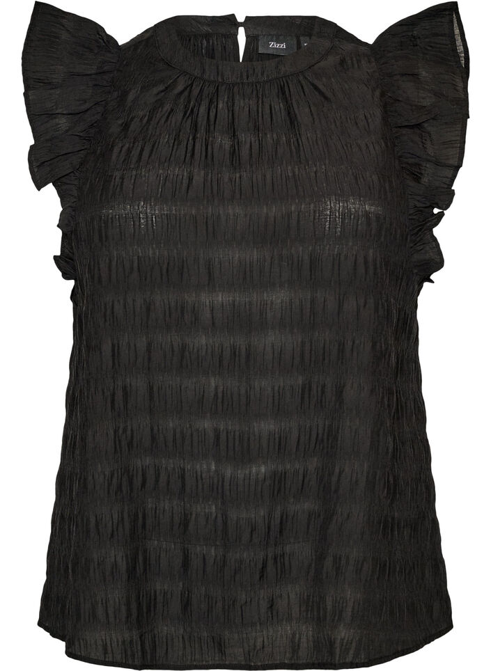 &Auml;rml&ouml;s blus med struktur och volanger, Svart, Packshot image number 0