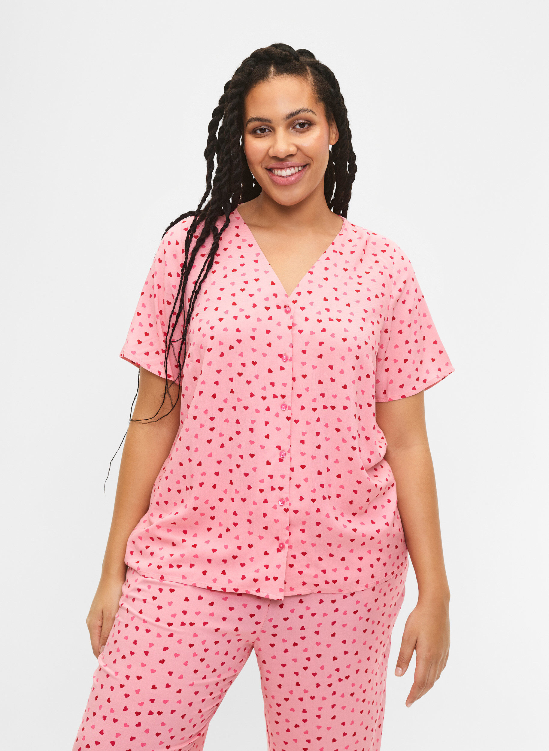 Zizzi M&ouml;nstrad pyjamastr&ouml;ja i viskos, Rosa, Model image number 0
