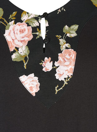 Långärmad pyjamasblus i bomull, Black w. Flower, Packshot image number 2