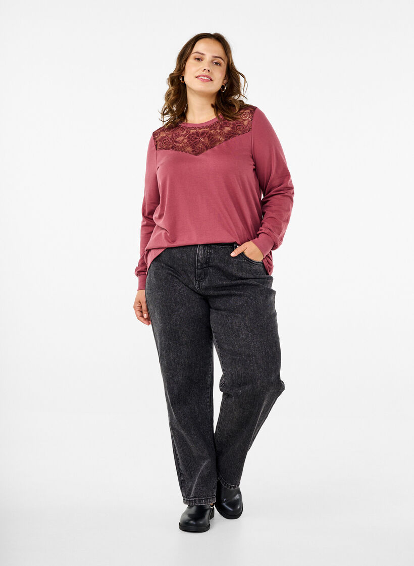 Sweatshirt med spetsdetaljer, Rose Brown, Model image number 2