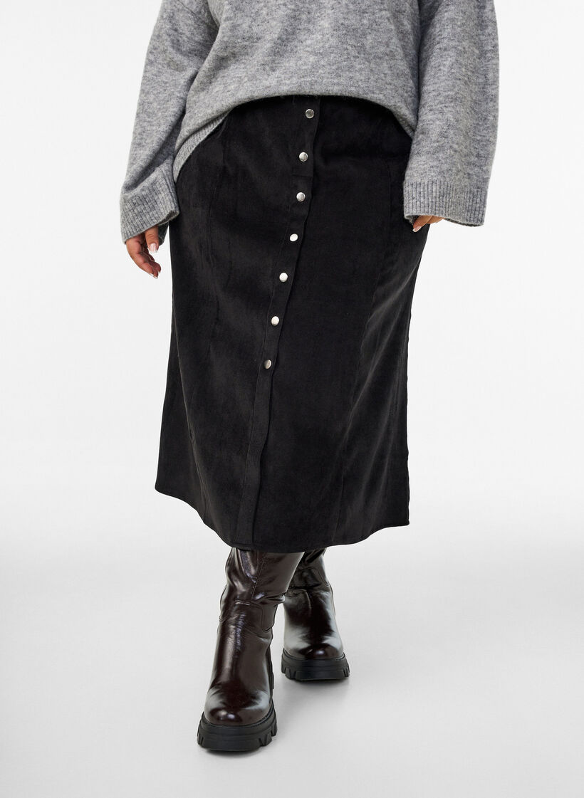 A-linjeformad kjol i manchester med knappar, Svart, Model image number 3