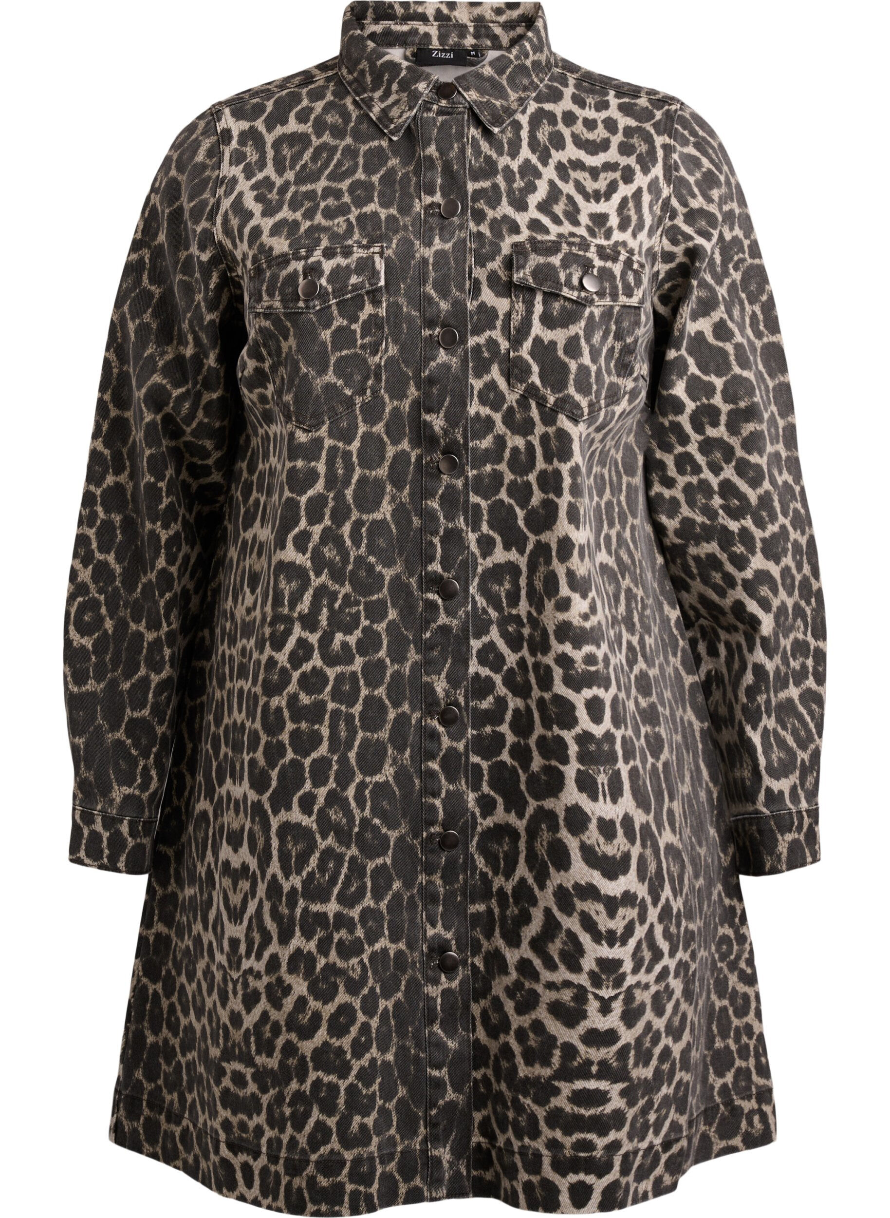 Zizzi L&aring;ng&auml;rmad jeanskl&auml;nning med leopardm&ouml;nster, Brun, Packshot image number 0