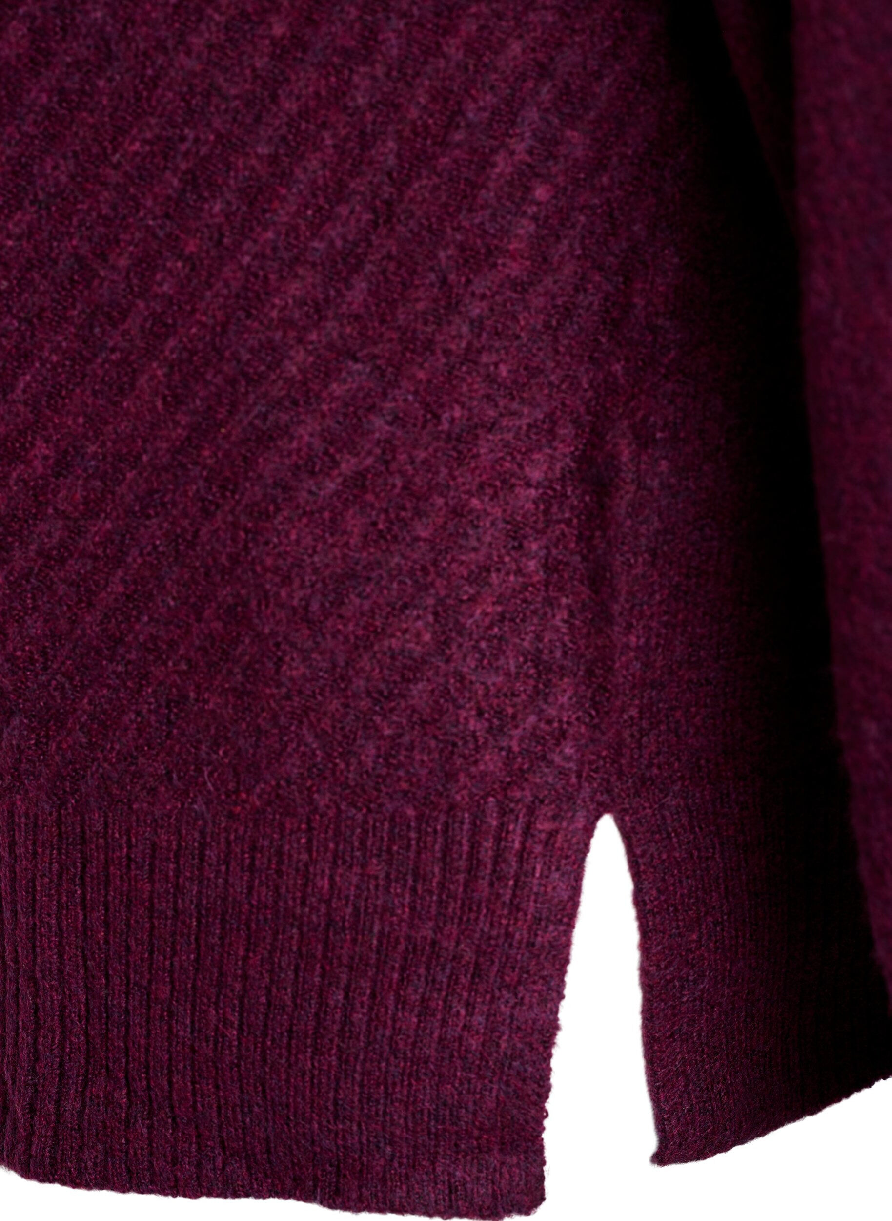 Zizzi Stickad blus med V-format ribbm&ouml;nster och slitsar, Lila, Packshot image number 3