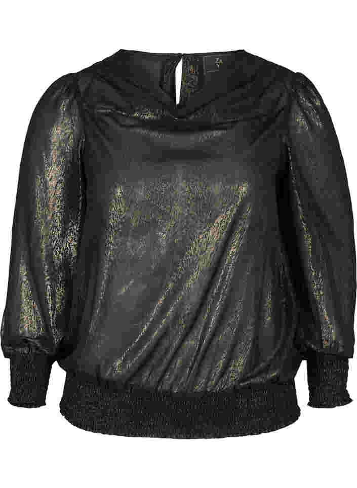 Blus med puffärmar och smock, Black w. Gold, Packshot image number 0