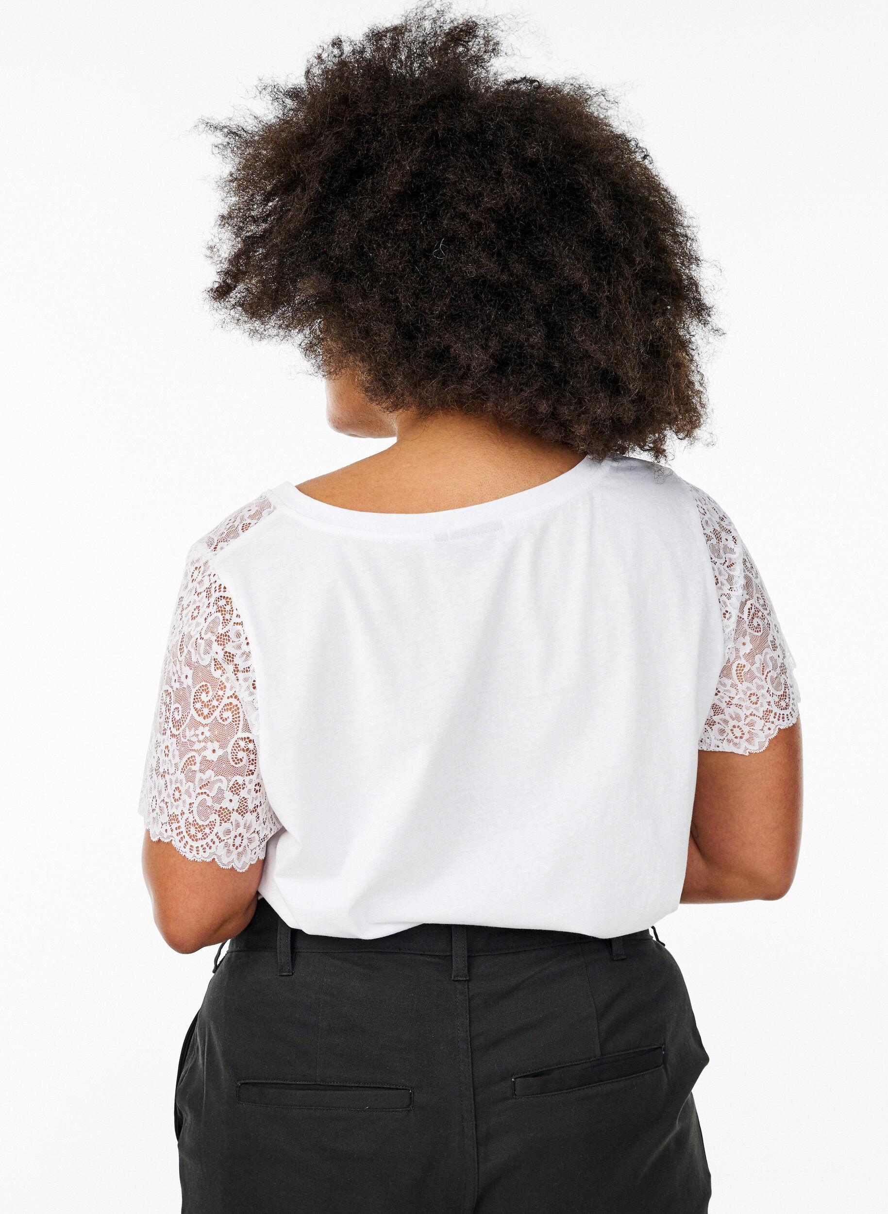 Zizzi T-shirt i bomull med korta &auml;rmar i spets, Vit, Model image number 2