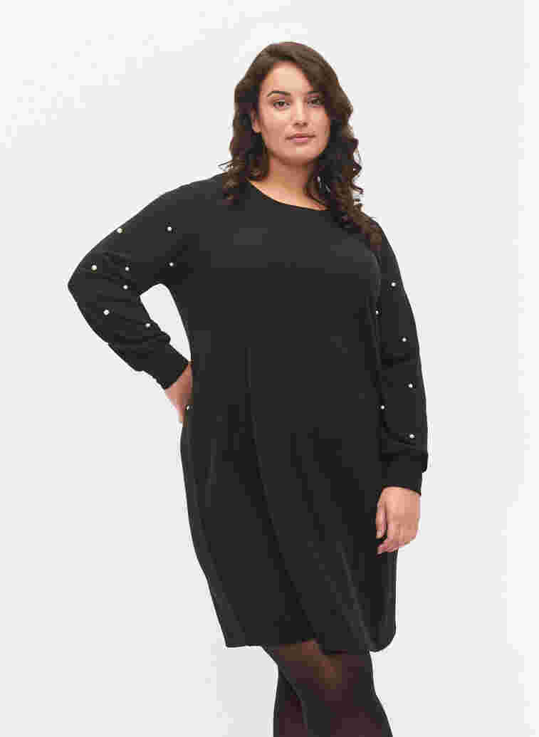Långärmad klänning med pärldetaljer, Black, Model
