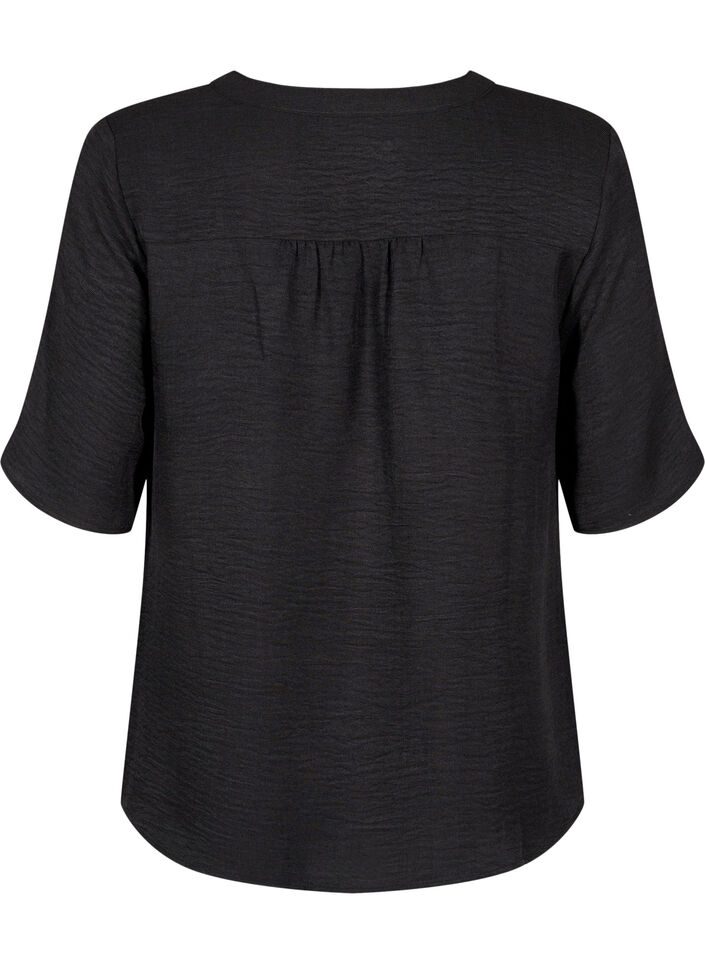 V-ringad skjortblus med korta &auml;rmar, Svart, Packshot image number 1