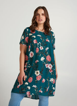 Klänning med korta ärmar, GREEN FLOWER AOP, Model image number 0