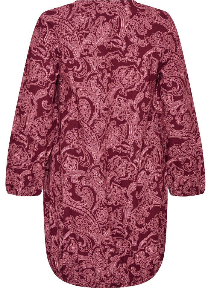 Kort kl&auml;nning i bomull med res&aring;rkant nedtill och l&aring;nga &auml;rmar, M&ouml;rk Bordeaux, Packshot image number 1