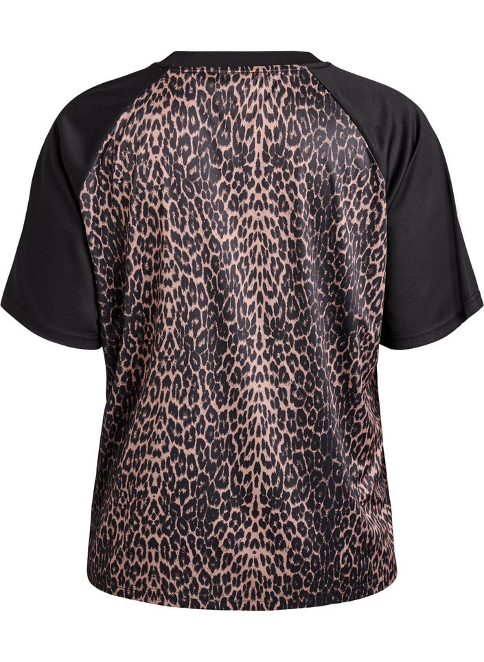 Tr&auml;nings-t-shirt med leopardm&ouml;nster och raglan&auml;rm, Brun, Packshot image number 1