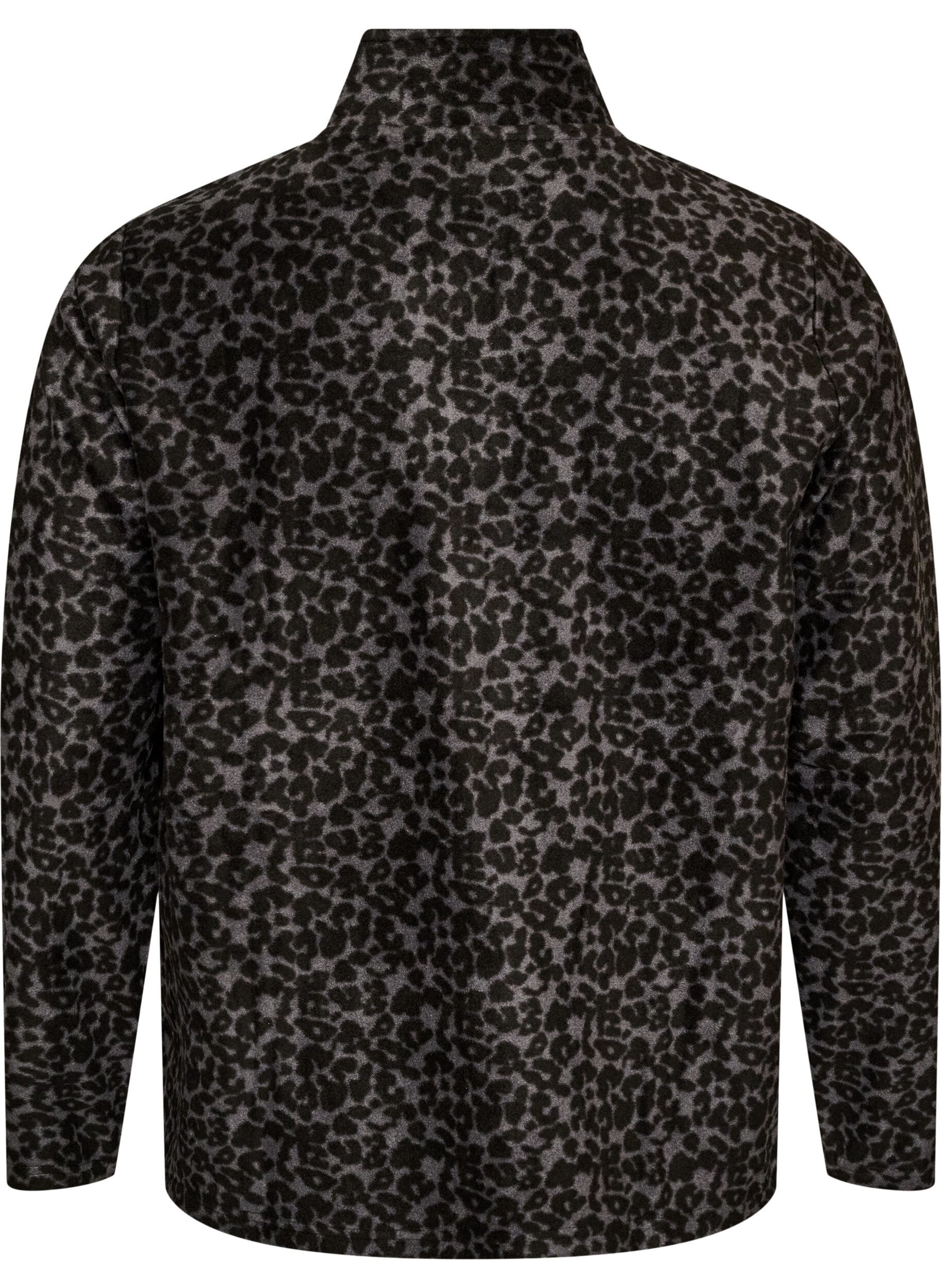 ZizziFleecejacka med leopardm&ouml;nster och h&ouml;g krage, Svart, Packshot image number 1