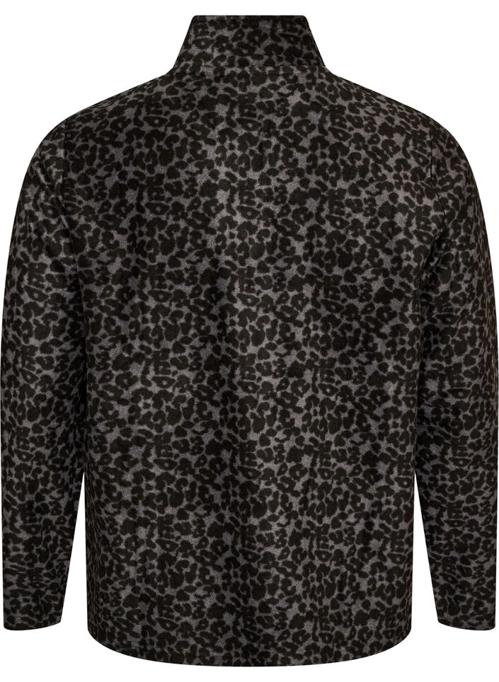 Fleecejacka med leopardm&ouml;nster och h&ouml;g krage, Svart, Packshot image number 1