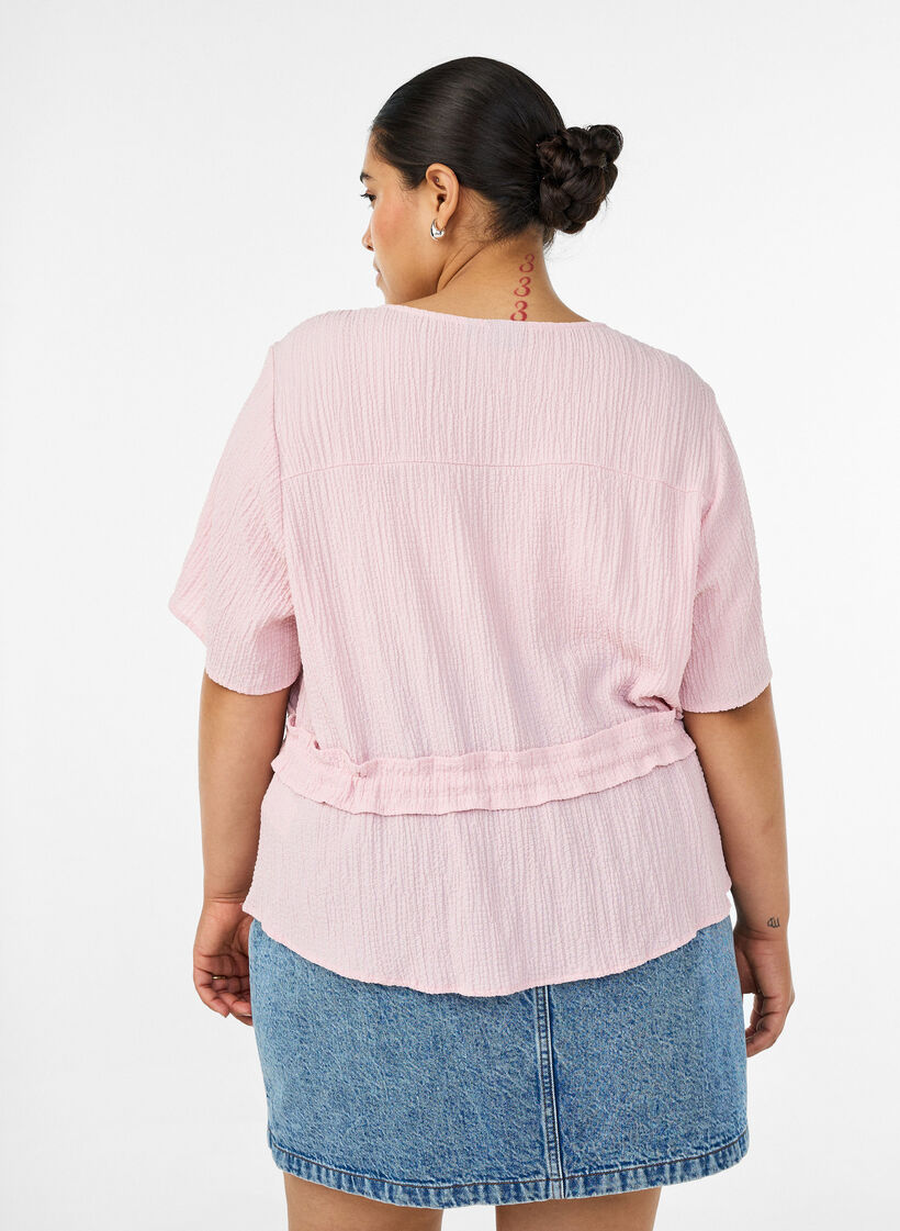 Blus med struktur och knyt i midjan, Rosa, Model image number 2