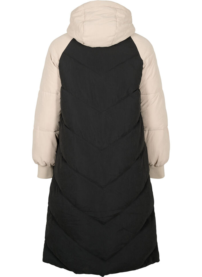 Lång vinterjacka med huva och rutor i olika färger, Black Comb, Packshot image number 1