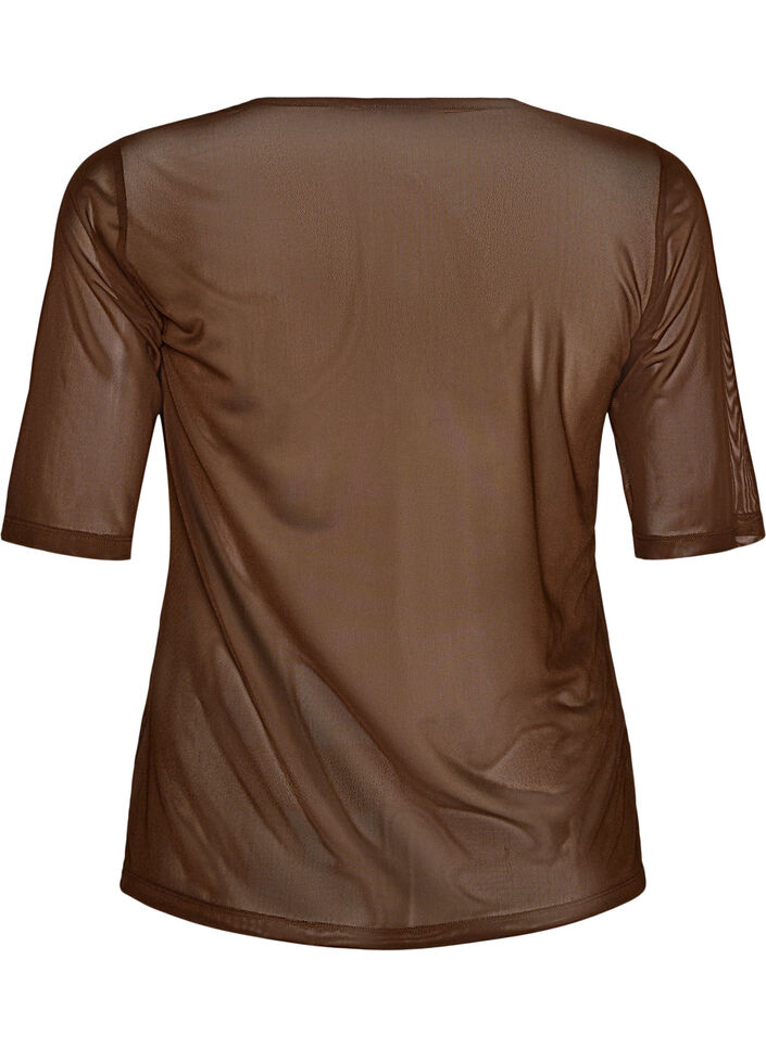 Topp i mesh med korta &auml;rmar och rund hals, Brun, Packshot image number 1