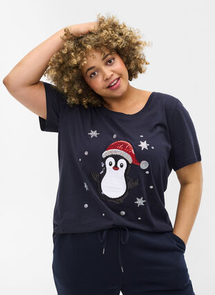 T-shirt med julmotiv i bomull, Night Sky Pingvin, Model image number 0