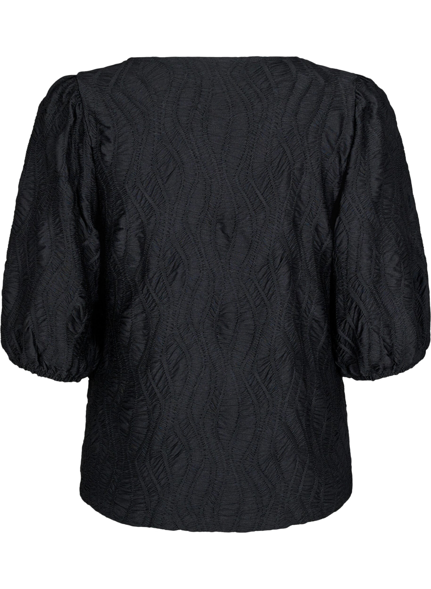 ZizziBlus med struktur och 3/4-&auml;rmar, Svart, Packshot image number 1
