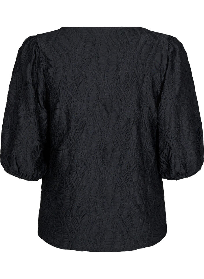 Blus med struktur och 3/4-&auml;rmar, Svart, Packshot image number 1