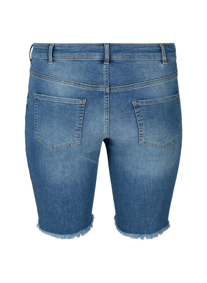 Jeansshorts med hög midja och råa kanter, Dark blue denim, Packshot image number 1