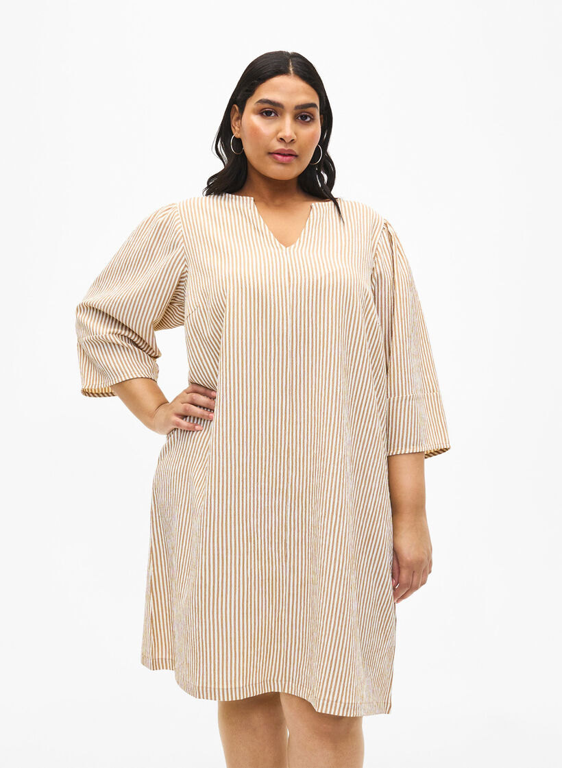 Randig klänning med trekvartsärm, Camel Stripe, Model image number 0