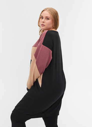 Lång sweatshirt med colorblock, Black Color Block, Model image number 1